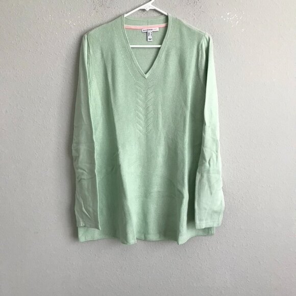Isaac Mizrahi Sweaters - Isaac Mizrahi Live! V-Neck Shaker Stitch Swing Sweater - Aloe (Sz M) a473224